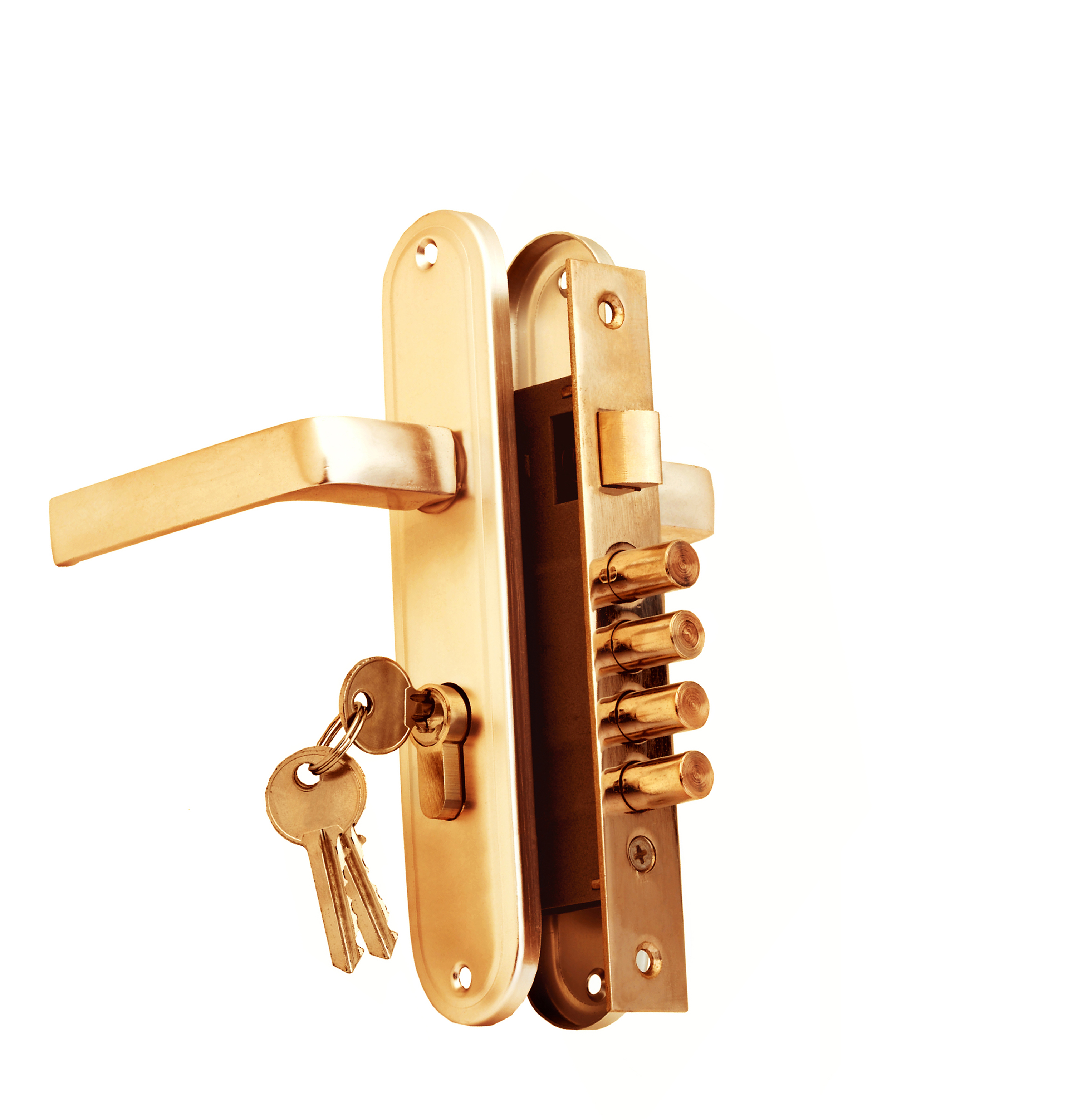 Keys in door lock isolated on white